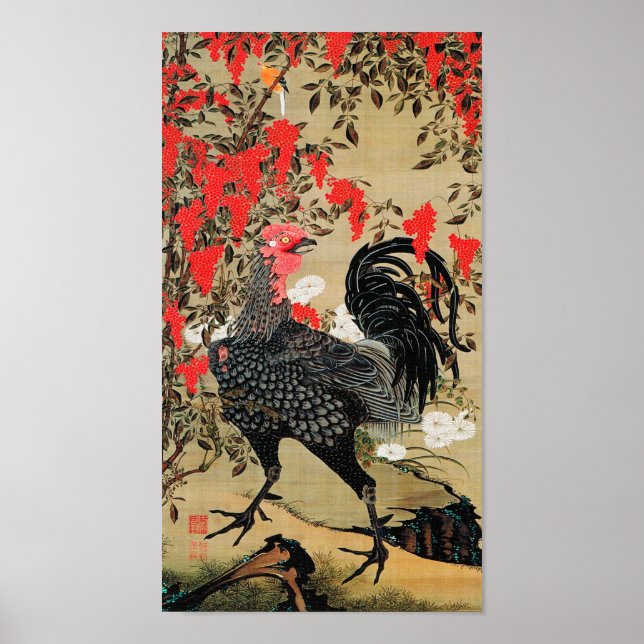 Póster Nandina y el Ilustracion de Rooster de Ito Jakuchu (Frente)