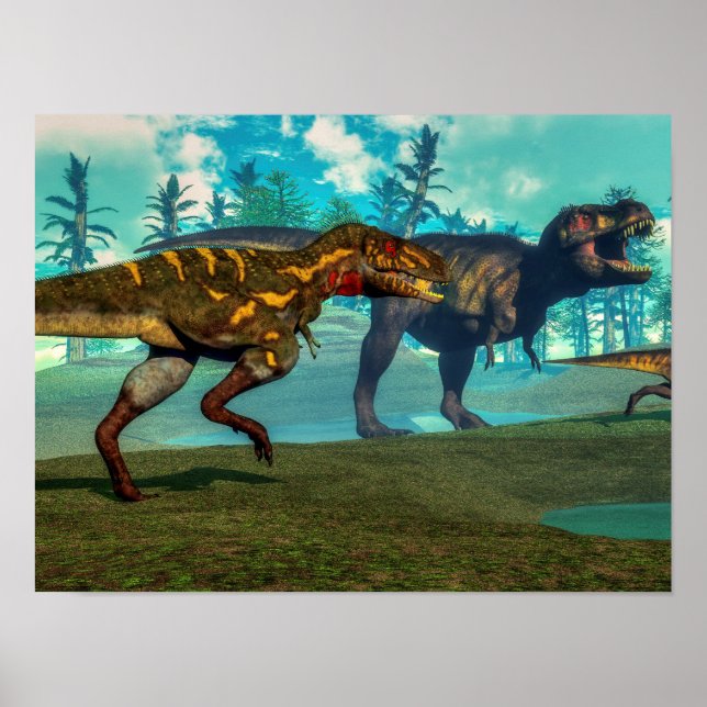 Póster Nanotyrannus cazando pequeño tirannosauro (Frente)