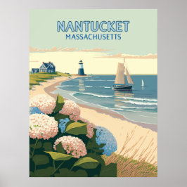 Póster Nantucket Beach Hydrangeas Lighthouse Bote Retro