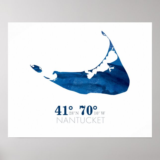 Póster Nantucket de color de agua azul con coordenadas (Frente)