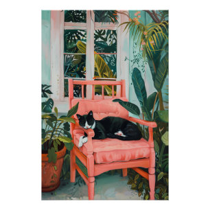 Póster Nap tropical: Gato soñando en paraíso rosa