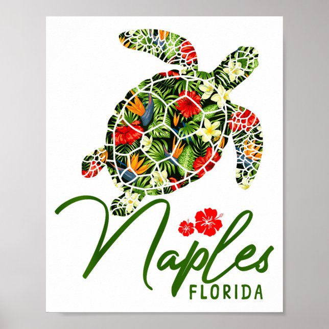 Póster Naples Florida Sea Turtle Tropical Hibiscus Beach  (Frente)