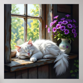 Póster Napping White Cat and Purple Flowers 