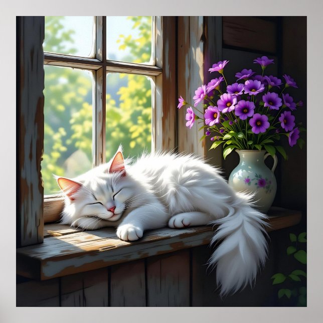 Póster Napping White Cat and Purple Flowers  (Frente)