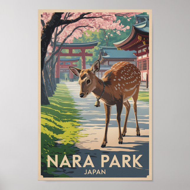 Póster Nara Park Japan Deer Illustration Travel Art Retro (Frente)