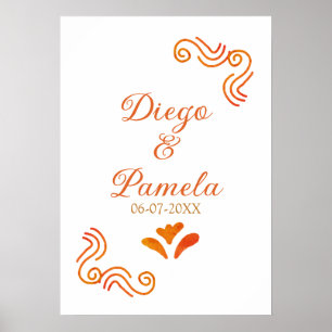 Póster naranja amarillo rústico pareja de novios españole