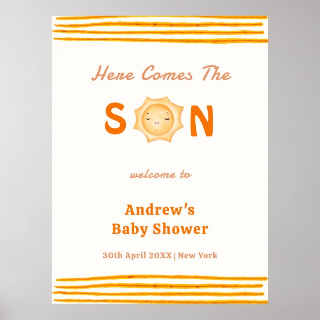 Póster Naranja Aquí Llega La Bienvenida De Baby Shower De (Frente)