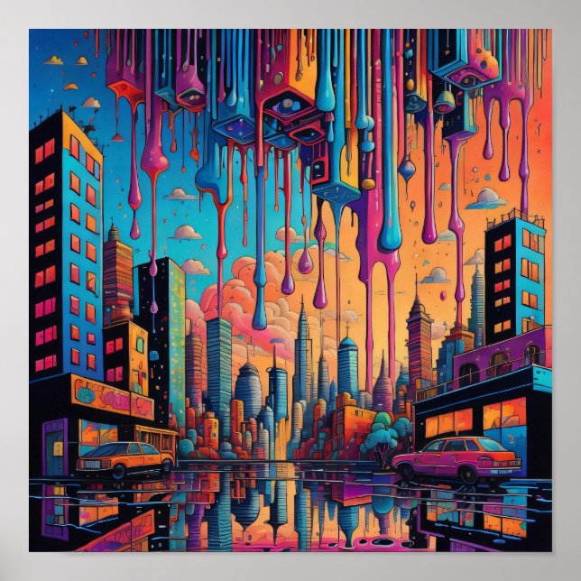 Póster Naranja azul psicodélico Drippy City (Frente)