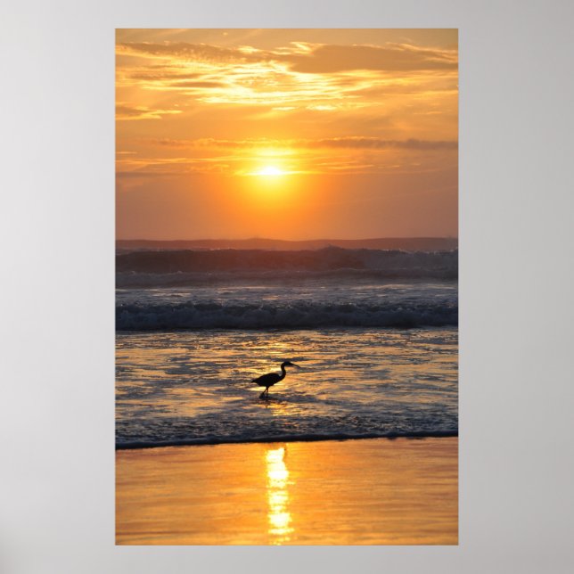 Póster Naranja Beach Sunrise Bird Fishing Poster de Flori (Frente)