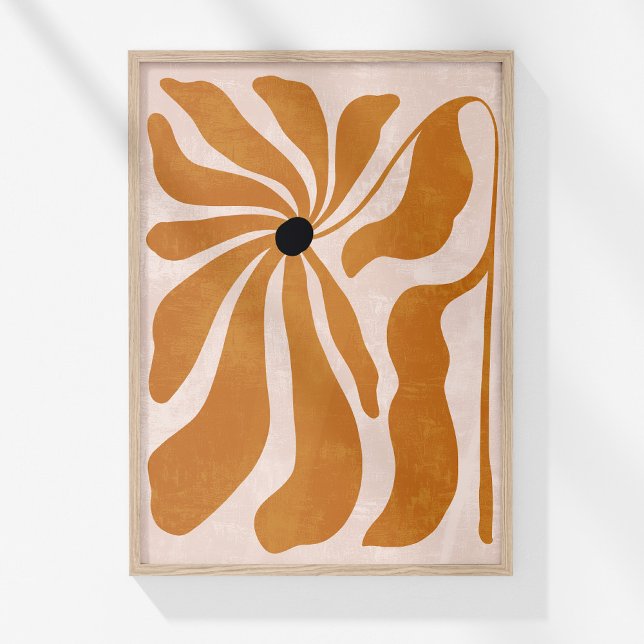 Póster Naranja Beige Abstract Floral Wall Art (Boho Burnt Orange Beige Abstract Floral Wall Art in a wooden frame on a sunny white wall.)