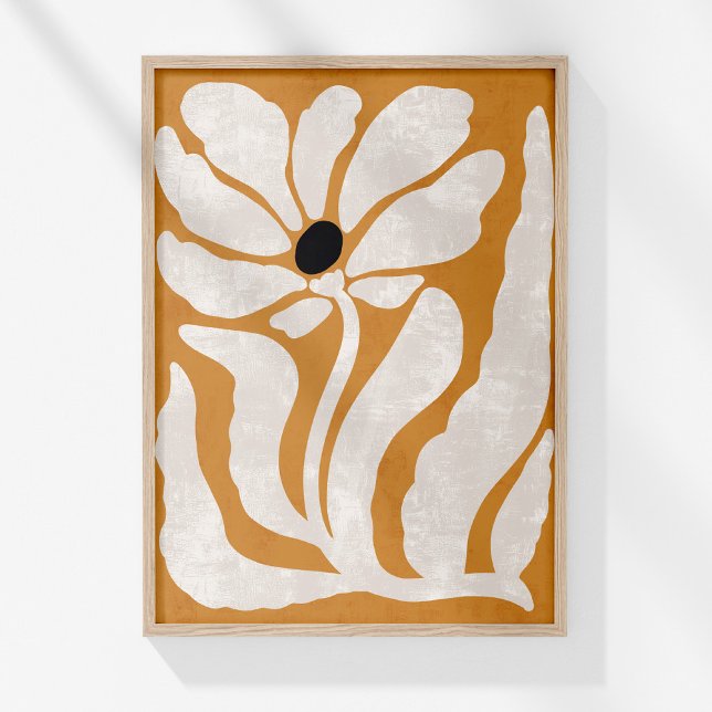 Póster Naranja Beige Abstract Flower Wall Art (Boho Burnt Orange Beige Abstract Flower Wall Art in a wooden frame on a sunny white wall.)