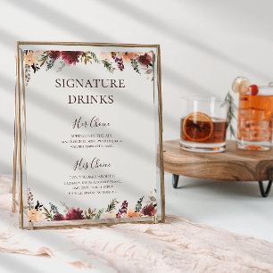 Póster Naranja Borgoña Floral   Bebidas con firma beige