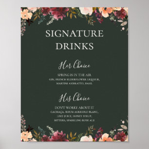 Póster Naranja Borgoña Floral   Bebidas con firma verde