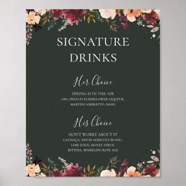 Póster Naranja Borgoña Floral | Bebidas con firma verde (Frente)