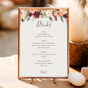 Póster Naranja Borgoña Floral Beige Boda Menú de bebidas