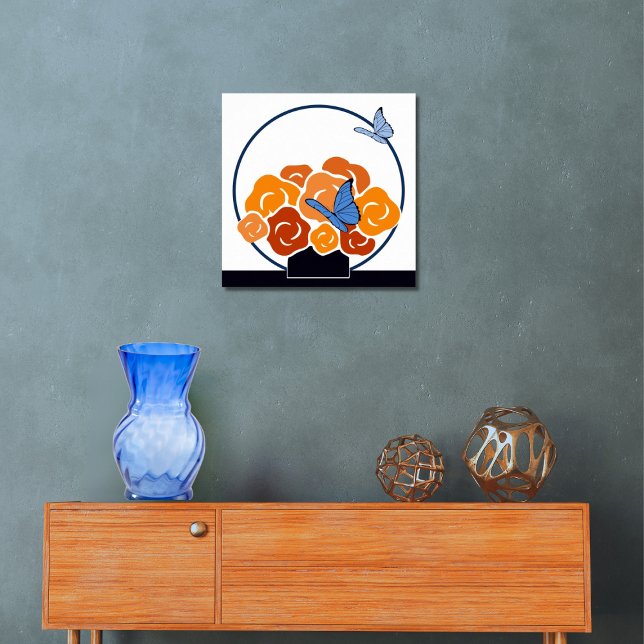 Póster Naranja Bouquet & Blue Butterflies Square (Blue & Orange Bouquet & Butterflies Square Poster, Entryway)