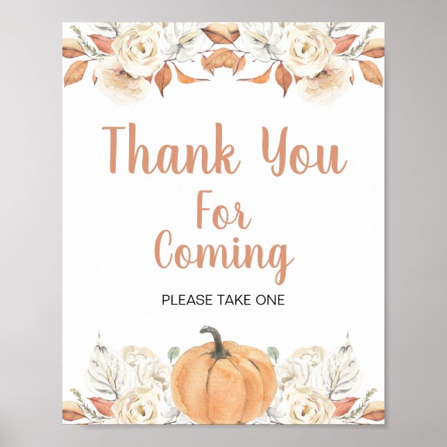 Póster Naranja Calabaza Floral Rústica Gracias por venir (Frente)