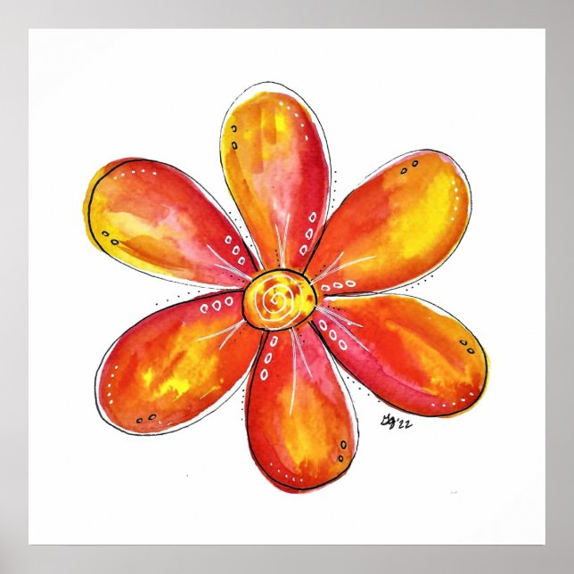 Póster Naranja caprichoso colorido y flor amarilla (Frente)