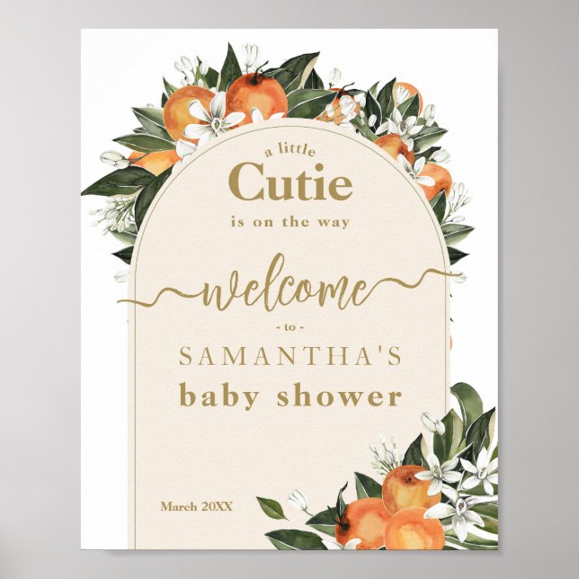 Póster Naranja cítrico grenery Pequeño cutie Baby Shower (Frente)