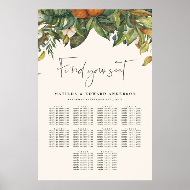 Póster Naranja citrus botanica boda floral plan de asient (Frente)
