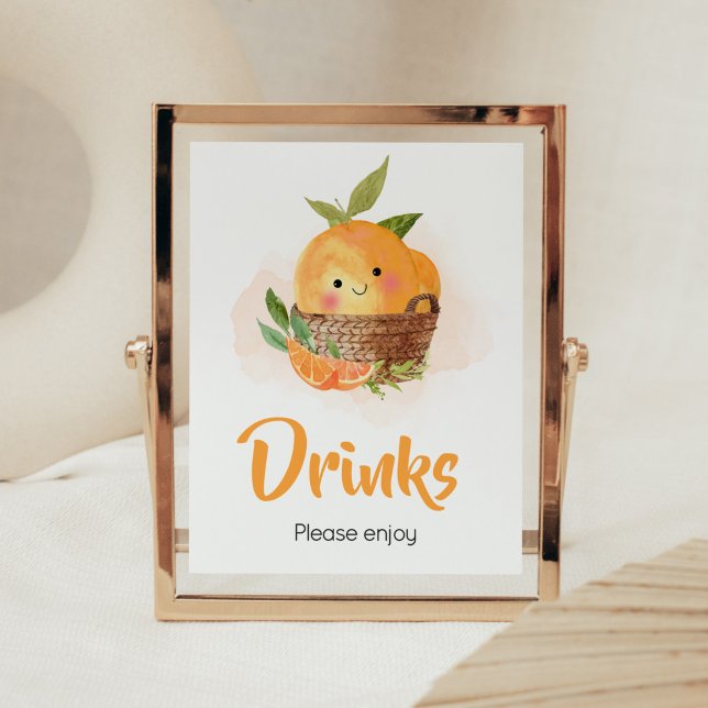 Póster Naranja Citrus Pequeña Cutie Bebidas Baby Shower (Little Cutie Orange Citrus Baby Shower Drinks Sign)