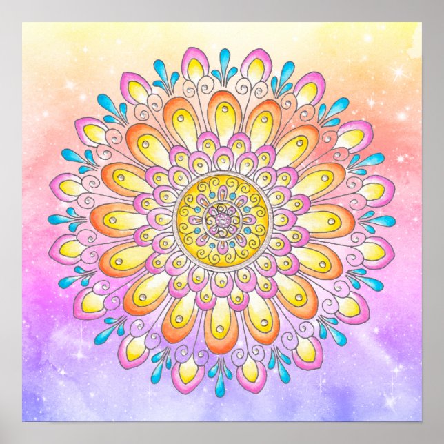 Póster Naranja color de agua azul rosa floral Mandala (Frente)