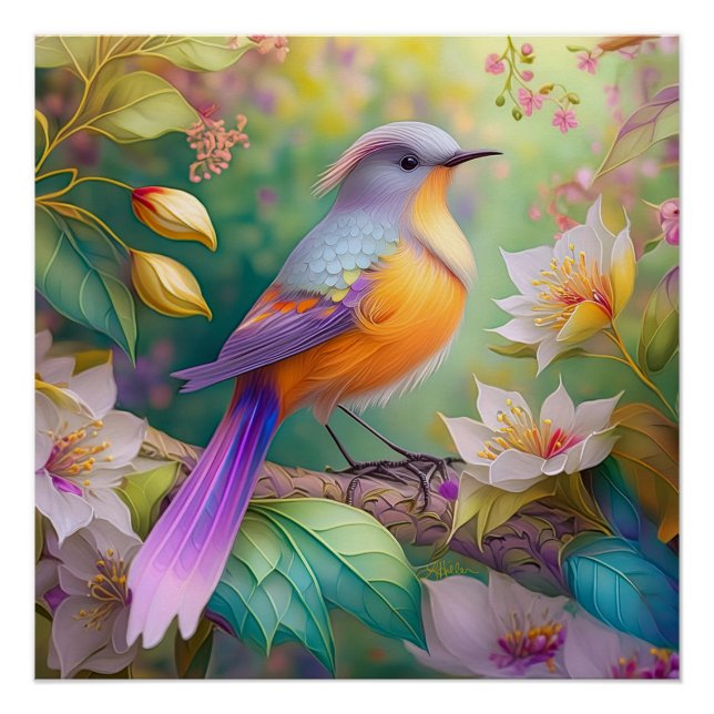 Póster Naranja con cabeza de lavanda Pájaro de fantasía c (Anverso)