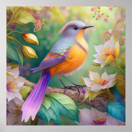 Póster Naranja con cabeza de lavanda Pájaro de fantasía c