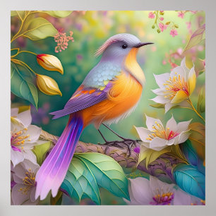 Póster Naranja con cabeza de lavanda Pájaro de fantasía c