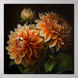 Póster Naranja Dahlias Flower Art Print Poster