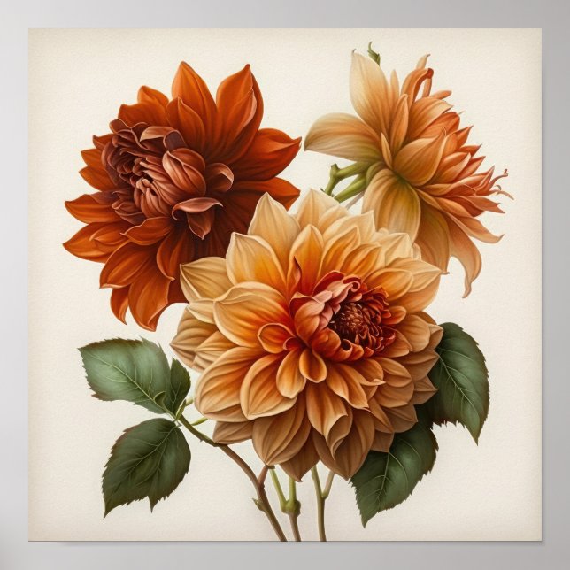 Póster Naranja Dahlias Flower Art Print Poster (Frente)