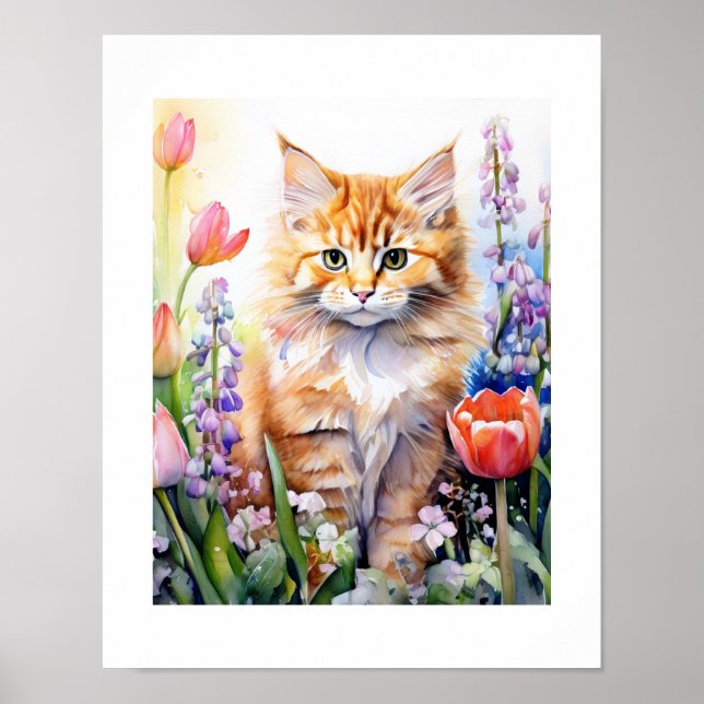 Póster Naranja De Acuarela Tabby Kitty Cat En El Jardín D (Frente)