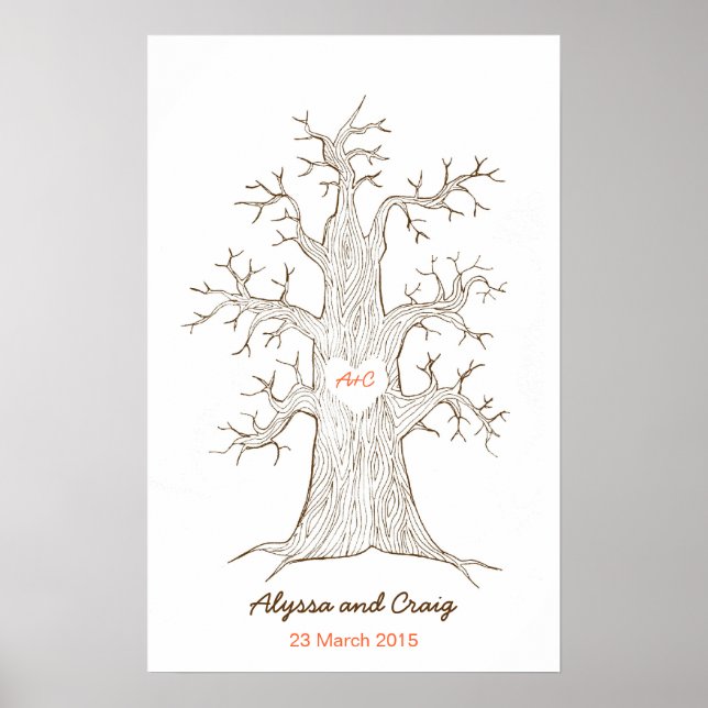 Póster Naranja de Boda de árbol de huellas dactilares (Frente)