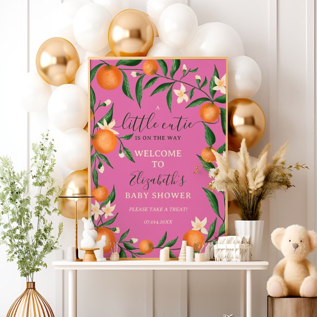 Póster Naranja de cítricos botánicos pequeña bienvenida r (Botanical citrus orange little cutie pink welcome poster)