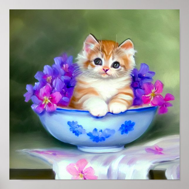 Póster Naranja de época y Ilustracion de gatito blanco (Frente)