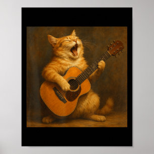 Póster Naranja de la época Tabby Gato Jugando Guitarra