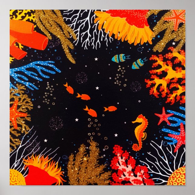 Póster Naranja de oro Océano tropical subacuático (Frente)