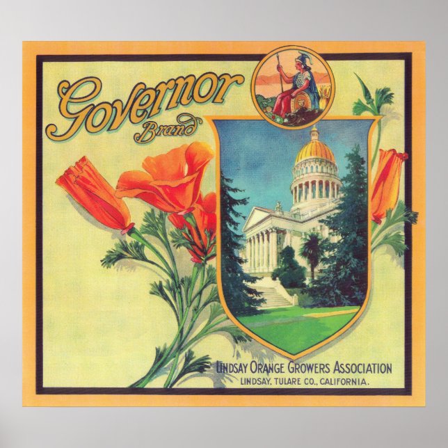 Póster Naranja del gobernador LabelLindsay, CA (Frente)