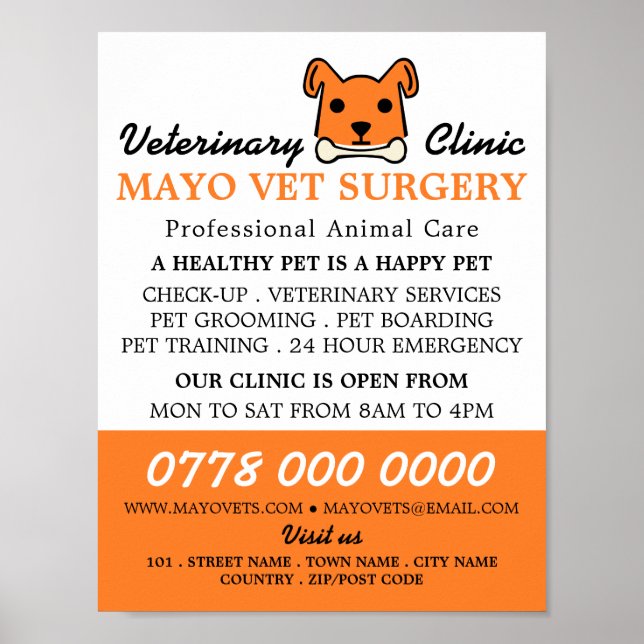 Póster Naranja Dog, Veterinario, Servicio Veterinario (Frente)