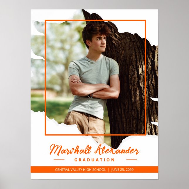 Póster Naranja Edgy Resumen Graduación de fotografía rota (Frente)