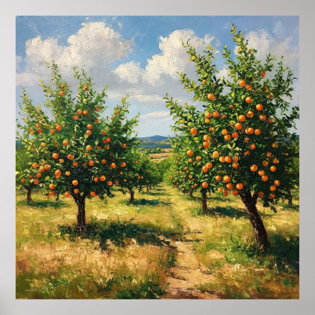 Póster Naranja escénico Orchard bajo un brillante cielo a (Frente)