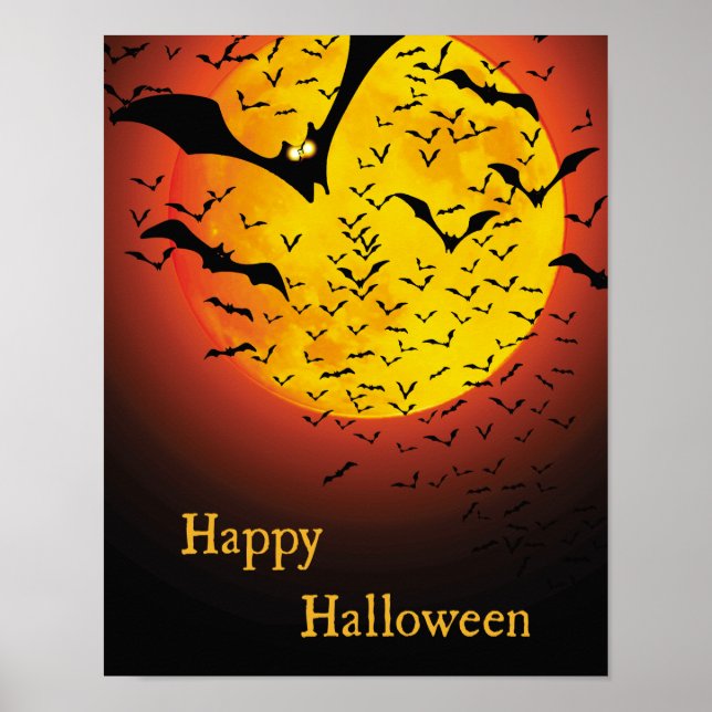 Póster Naranja espeluznante Moon y Poster de Bat Hallowee (Frente)