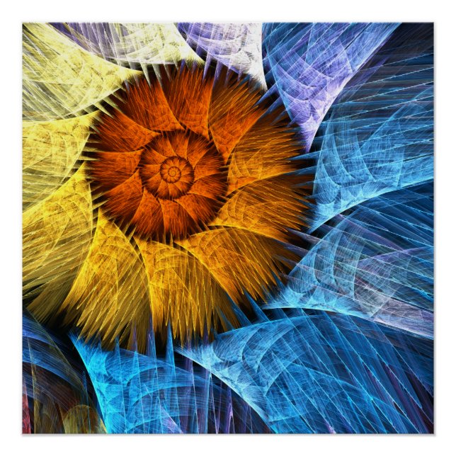Póster Naranja floral Azul amarillo abstracto arte (Anverso)