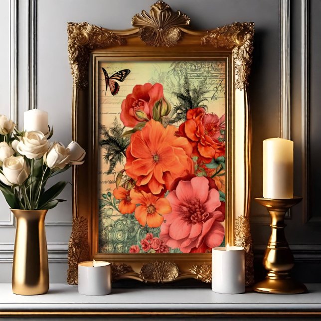 Póster Naranja Floral Botánica (Vintage Floral Ephemera)