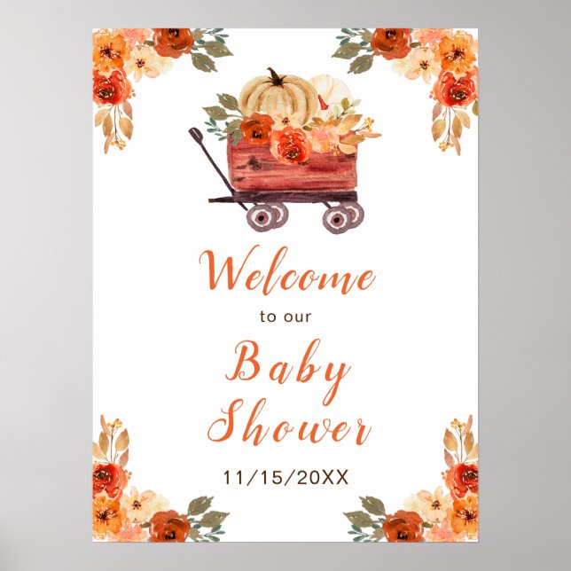 Póster Naranja Floral Calabaza Camión Baby Shower (Frente)