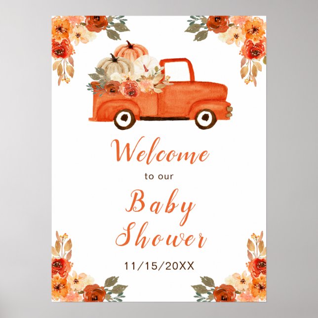 Póster Naranja Floral Calabaza Camión Baby Shower (Frente)