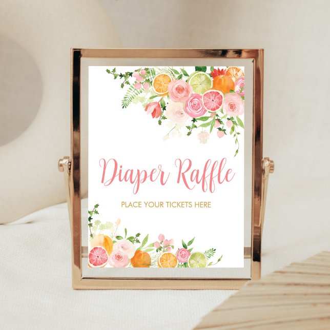 Póster Naranja floral rosa Citrus Diaper Raffle (Girl Lemon Baby Shower Diaper Raffle Sign)