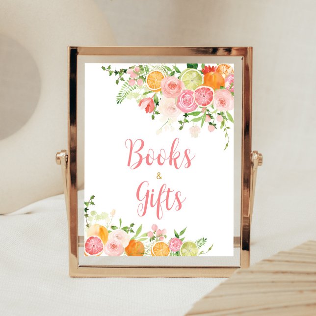 Póster Naranja floral rosa: libros de cítricos y regalos (Girl Lemon Baby Shower Books and Gifts Sign)