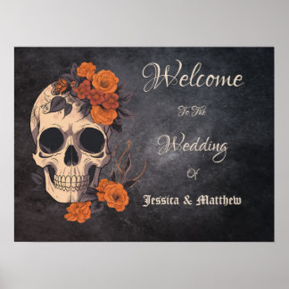 Póster Naranja Flores Floral Cráneo Elegante Boda