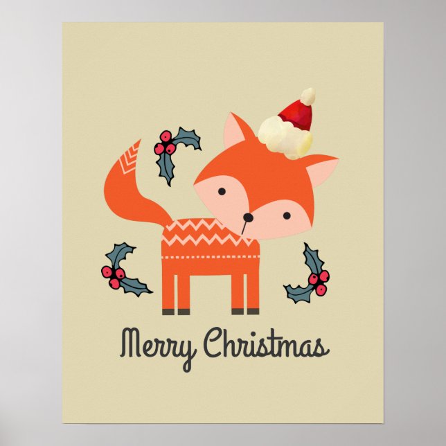 Póster Naranja Fox En Santa Hat Cuidados Navidades Whimsi (Frente)